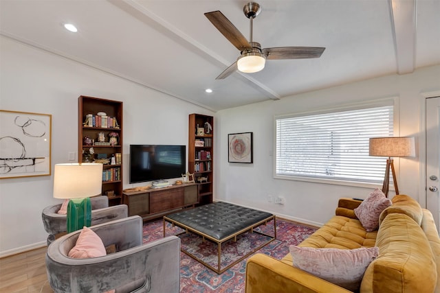 living room featuring recessed lighting, lofted ceiling with beams, ceiling fan, wood finished floors, and baseboards