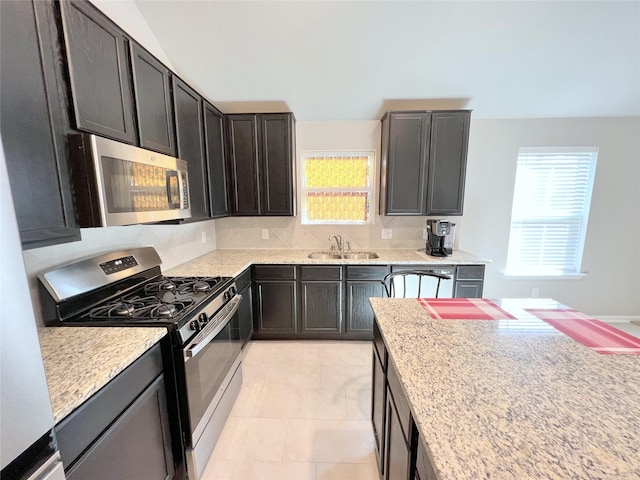 kitchen featuring dark brown cabinetry, appliances with stainless steel finishes, sink, and plenty of natural light