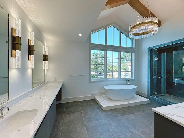 bathroom featuring vanity, separate shower and tub, high vaulted ceiling, and an inviting chandelier