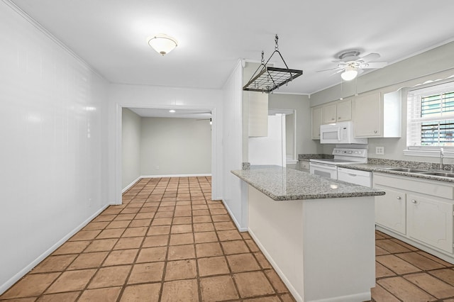 kitchen featuring sink, crown molding, white appliances, ceiling fan, and white cabinets