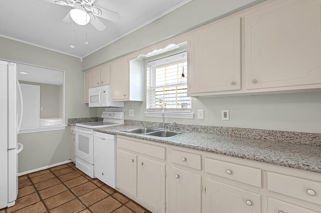 kitchen with sink, white cabinetry, crown molding, ceiling fan, and white appliances