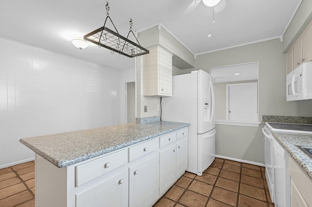 kitchen featuring ceiling fan, white appliances, ornamental molding, and white cabinets