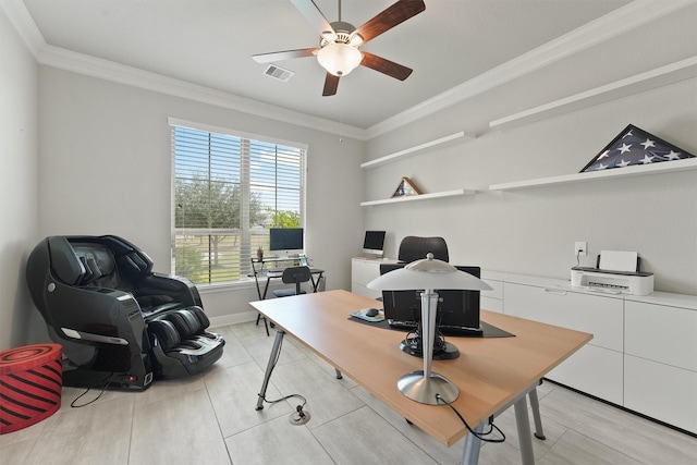 office area with crown molding and ceiling fan