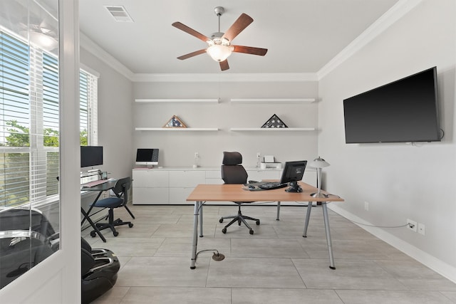 office area with light tile patterned floors, crown molding, and ceiling fan