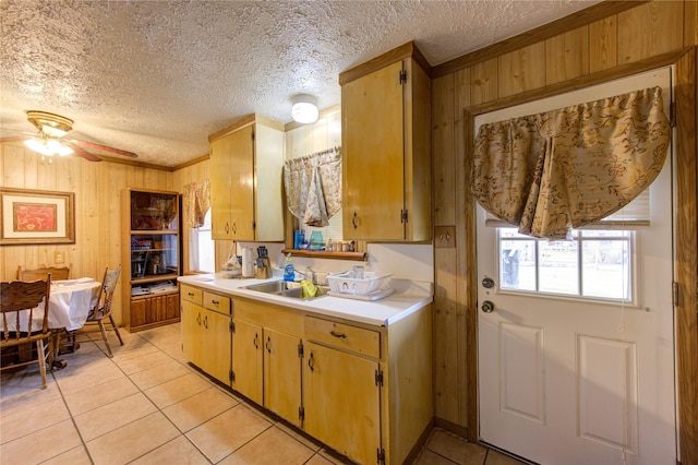 kitchen with sink, a textured ceiling, and wood walls