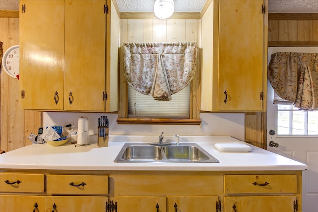 kitchen with sink, a textured ceiling, and wood walls