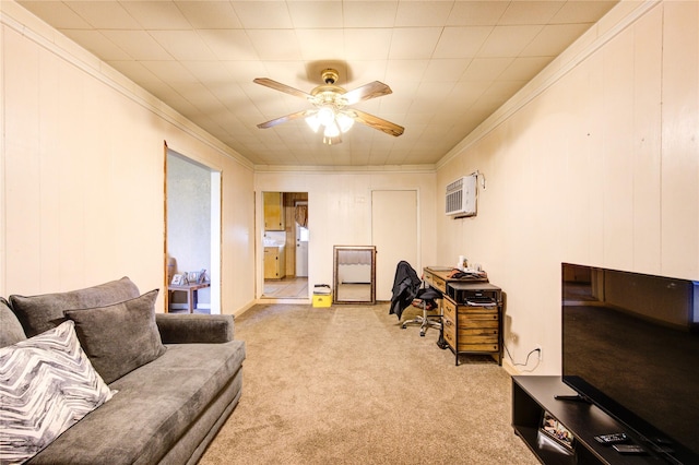 carpeted office space with ceiling fan and ornamental molding