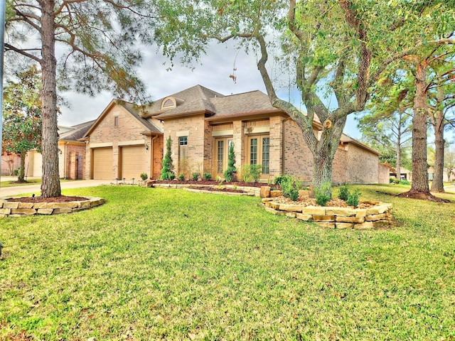 view of front of house with a shingled roof, concrete driveway, an attached garage, a front lawn, and brick siding