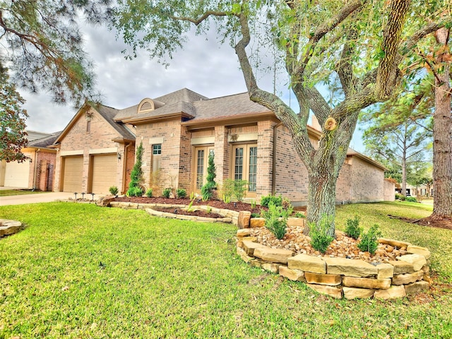 view of front of property with concrete driveway, brick siding, a front lawn, and an attached garage