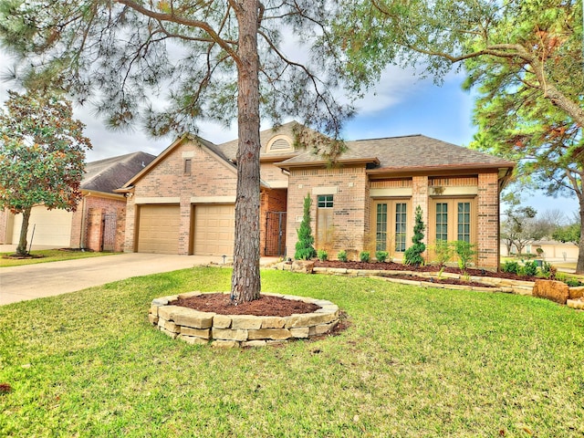 view of front of house with brick siding, a garage, concrete driveway, and a front yard