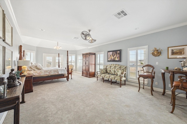 bedroom featuring light carpet, ornamental molding, visible vents, and baseboards