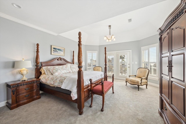 bedroom with light carpet, baseboards, visible vents, ornamental molding, and a chandelier