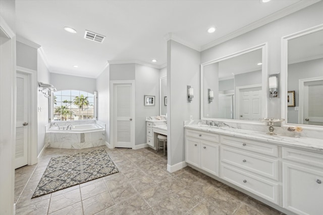 bathroom with a garden tub, crown molding, visible vents, vanity, and baseboards