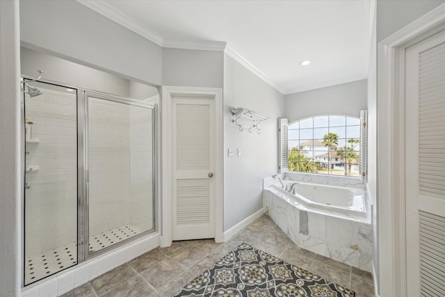 full bathroom featuring a stall shower, crown molding, baseboards, and a bath