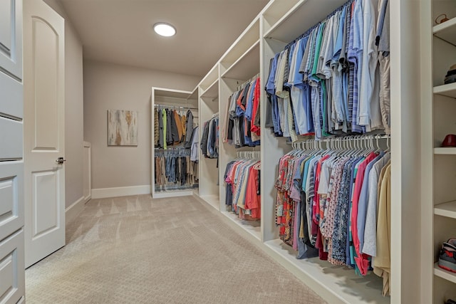 walk in closet with light carpet