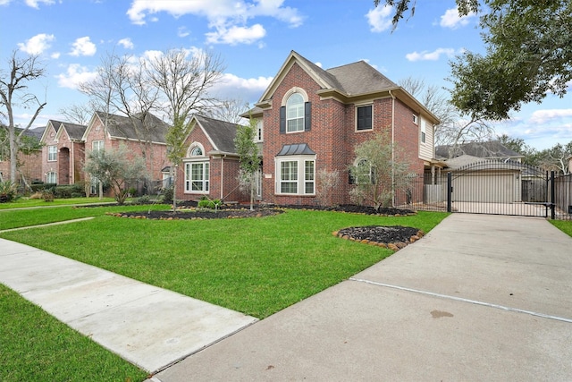 view of front of home with a residential view, a gate, brick siding, and a front lawn