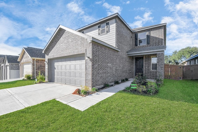 traditional home featuring a garage, driveway, brick siding, fence, and a front yard