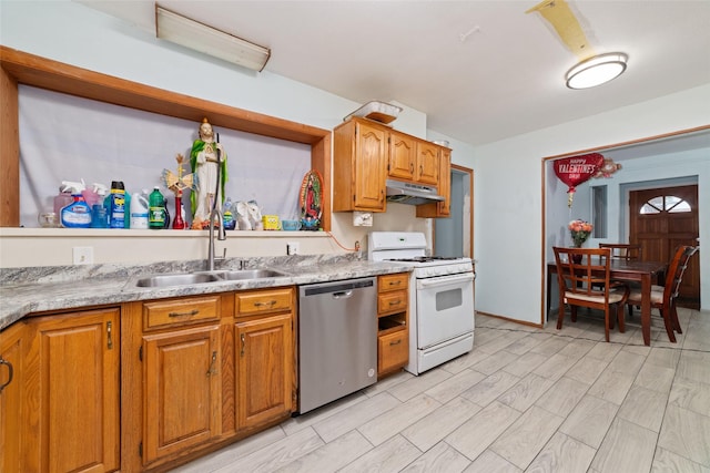 kitchen with dishwasher, white range with gas cooktop, and sink