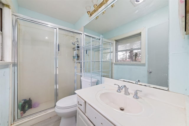 bathroom with a shower with door, vanity, and toilet