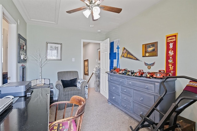 interior space featuring ceiling fan and light carpet