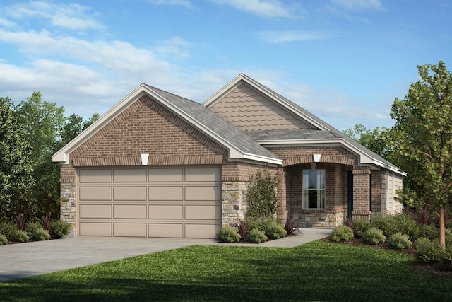 view of front of home with a garage and a front lawn