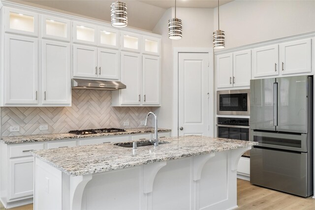 kitchen with under cabinet range hood, a sink, white cabinets, appliances with stainless steel finishes, and glass insert cabinets