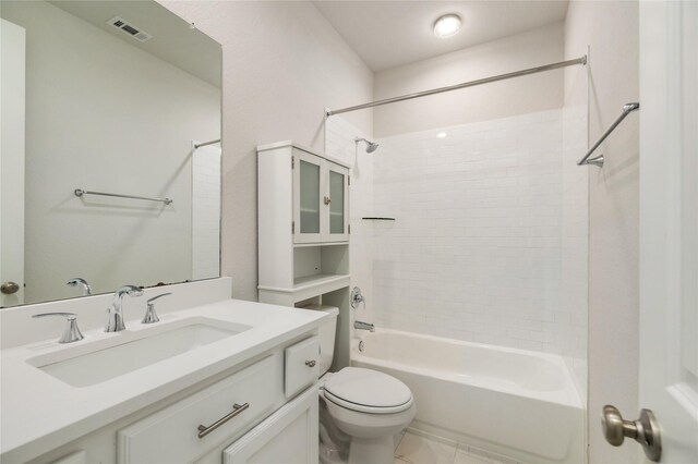 full bathroom featuring toilet, bathtub / shower combination, visible vents, and vanity