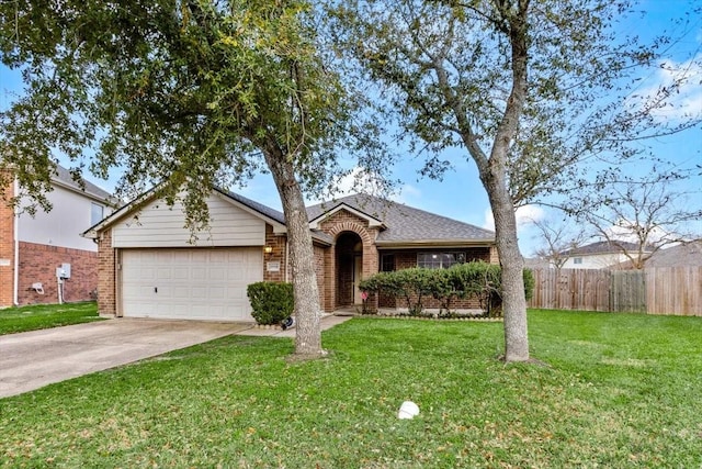 single story home featuring brick siding, a front yard, fence, a garage, and driveway