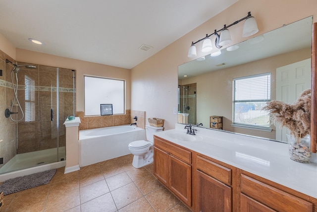 full bathroom featuring vanity, tile patterned floors, plus walk in shower, and toilet