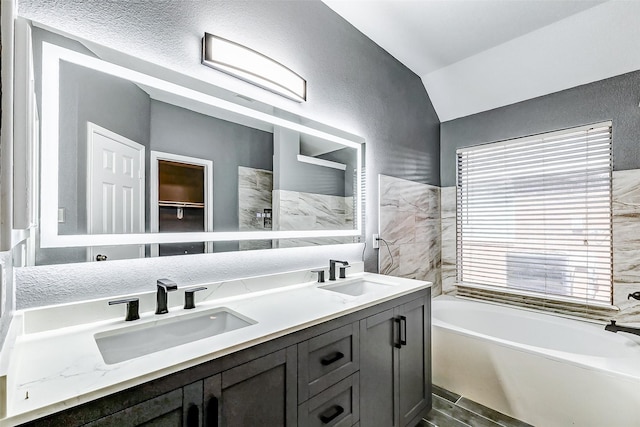 bathroom featuring vanity, vaulted ceiling, and a washtub