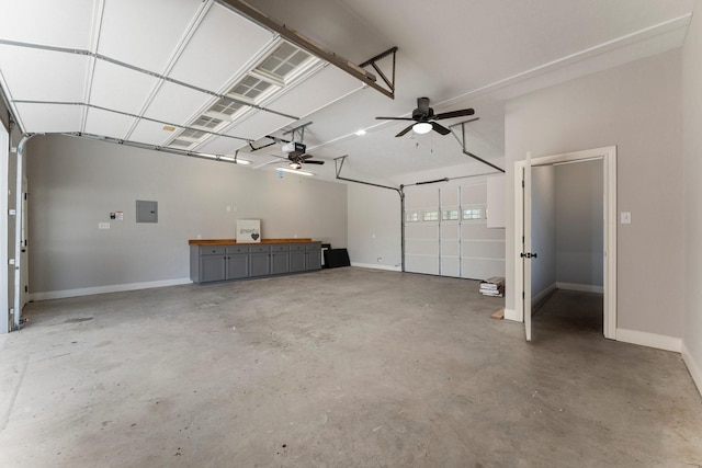 garage featuring ceiling fan, a garage door opener, and electric panel