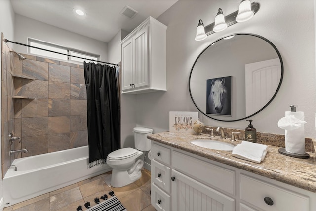 full bathroom with vanity, toilet, and shower / bath combo with shower curtain