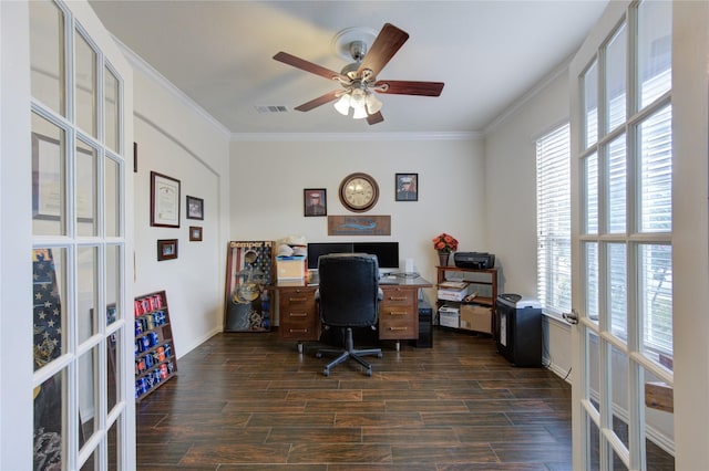 office area featuring dark wood-style floors, french doors, visible vents, and crown molding