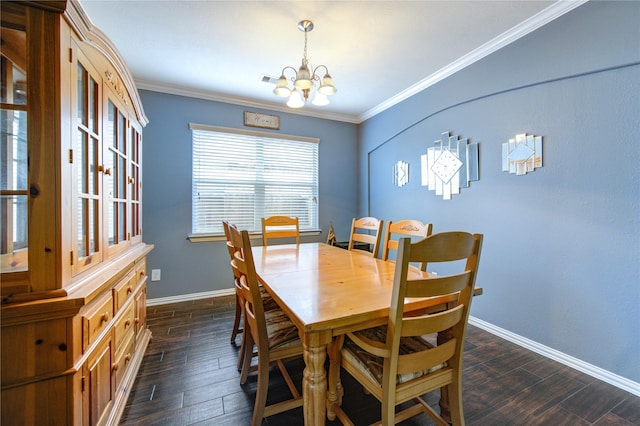 dining area with baseboards, dark wood-type flooring, and crown molding