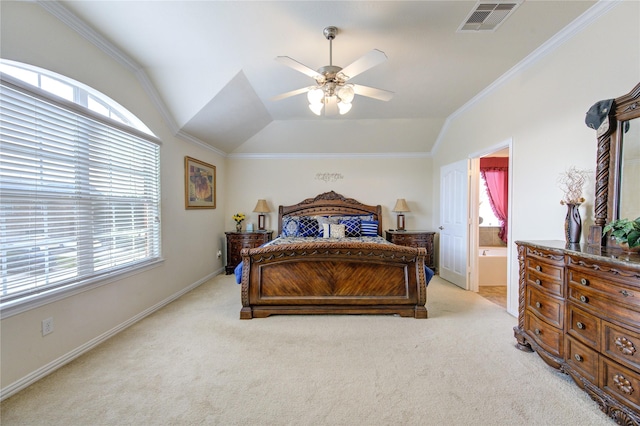 bedroom with lofted ceiling, light carpet, visible vents, and ornamental molding