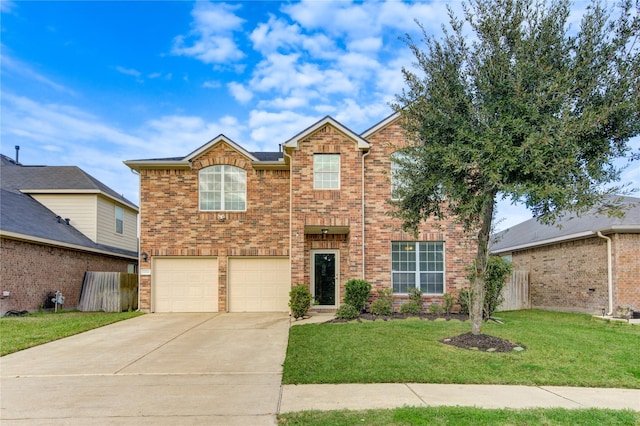 traditional-style home featuring an attached garage, brick siding, fence, driveway, and a front lawn