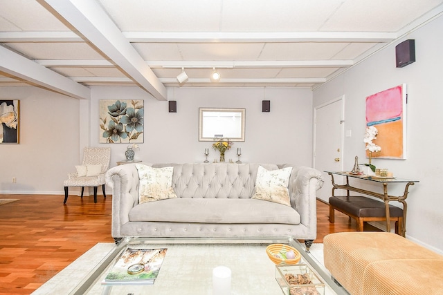 living room featuring hardwood / wood-style floors and beam ceiling