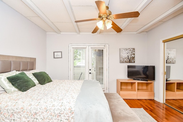 bedroom with french doors, wood-type flooring, beamed ceiling, ceiling fan, and access to exterior