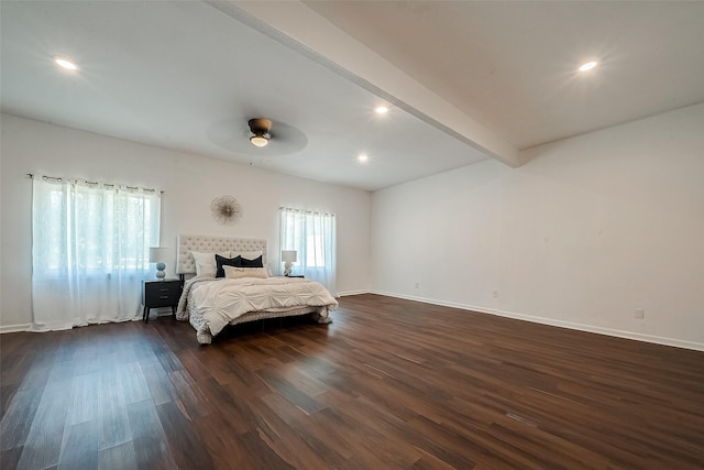 bedroom featuring beamed ceiling, ceiling fan, and dark hardwood / wood-style flooring