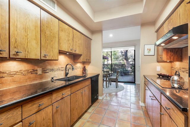 kitchen featuring light tile patterned flooring, sink, backsplash, exhaust hood, and black appliances