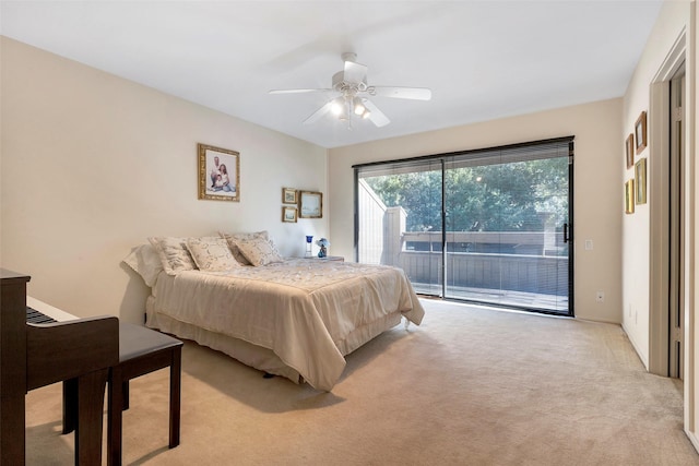 carpeted bedroom with ceiling fan and access to exterior