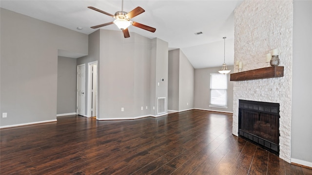 unfurnished living room with a fireplace, high vaulted ceiling, dark hardwood / wood-style floors, and ceiling fan