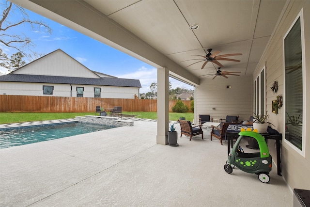 view of patio with an outdoor living space, pool water feature, a fenced in pool, and ceiling fan