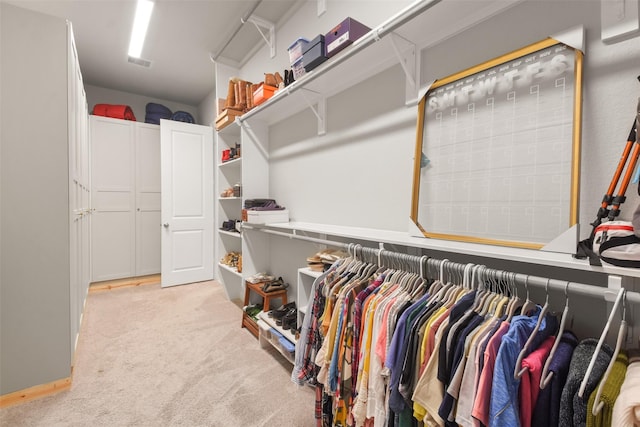 walk in closet with light colored carpet