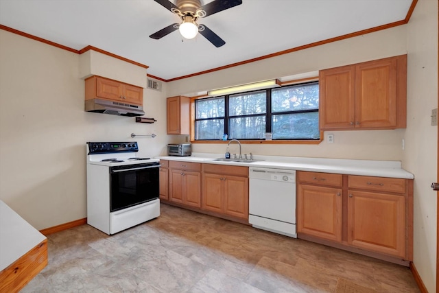 kitchen featuring ornamental molding, sink, ceiling fan, and white appliances