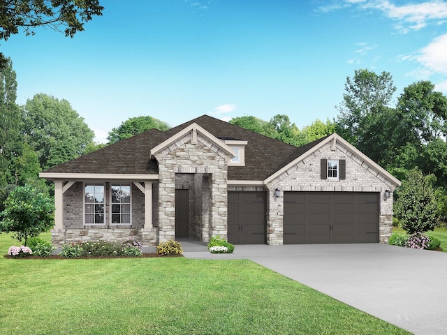 view of front of home featuring a garage, a front yard, concrete driveway, and stone siding