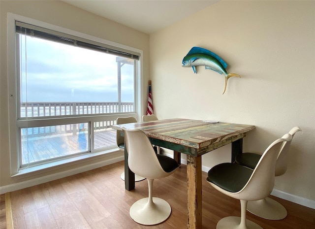 dining room featuring a water view and light hardwood / wood-style floors