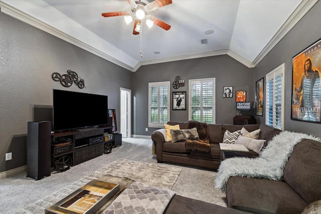 carpeted living room featuring ornamental molding, visible vents, vaulted ceiling, and baseboards