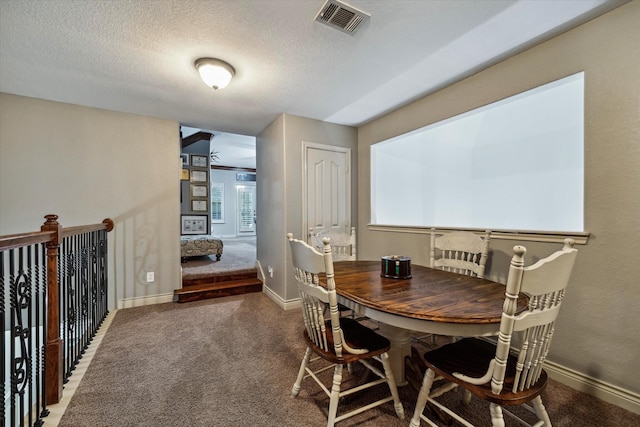 dining room with carpet floors, baseboards, visible vents, and a textured ceiling