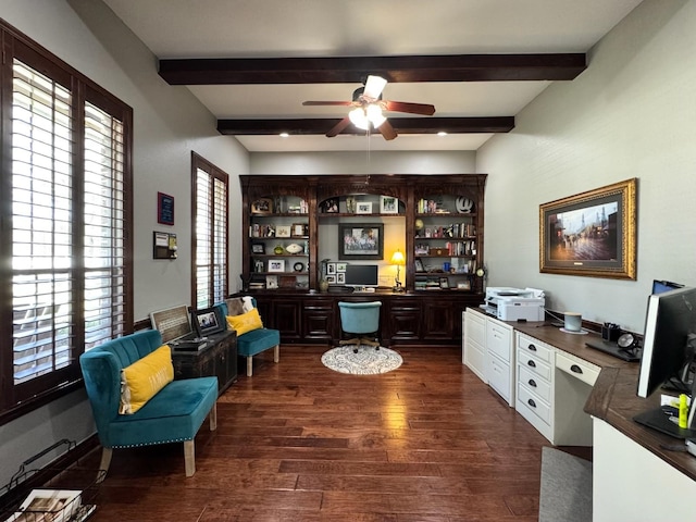 sitting room with dark wood-style flooring, beam ceiling, and a ceiling fan